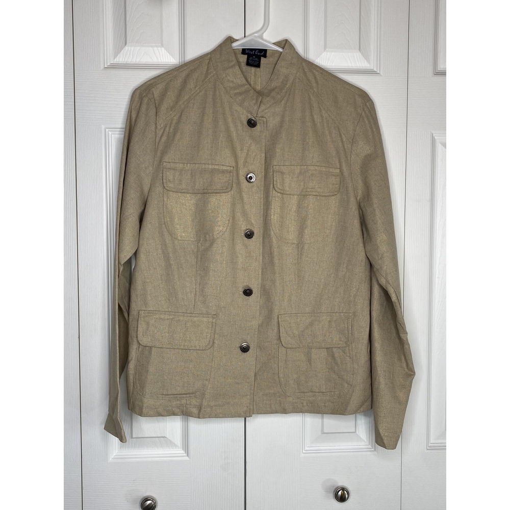 Linen Blend Blazer Jacket West End Full Button Lightweight Flap Pockets Sz M